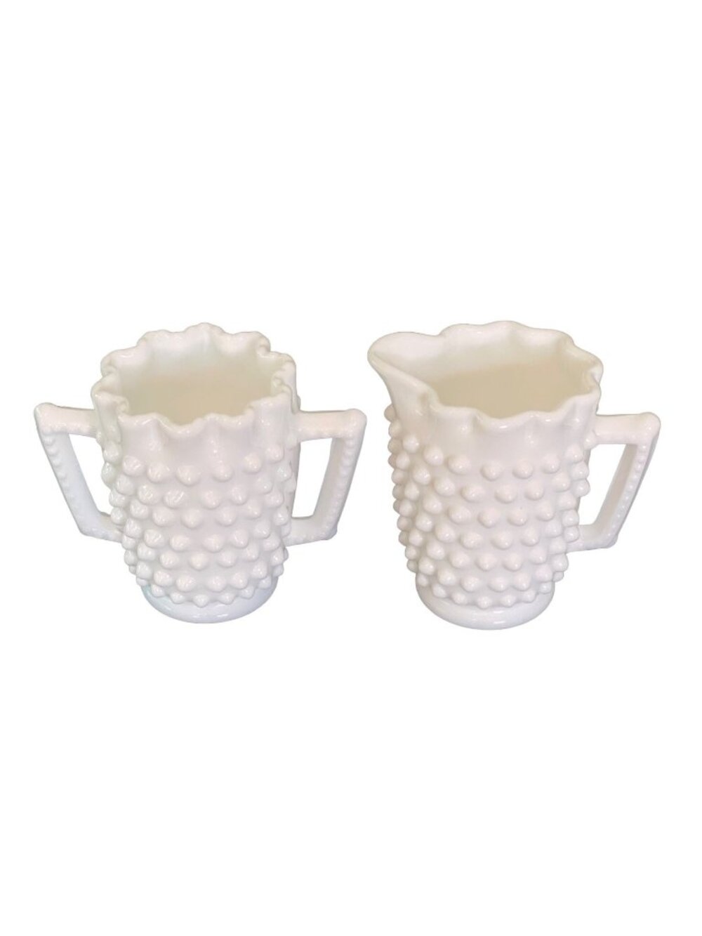 Vintage Fenton Cream Sugar Hobnail White Milk Glass Daisy Button Crimped Rim 3"